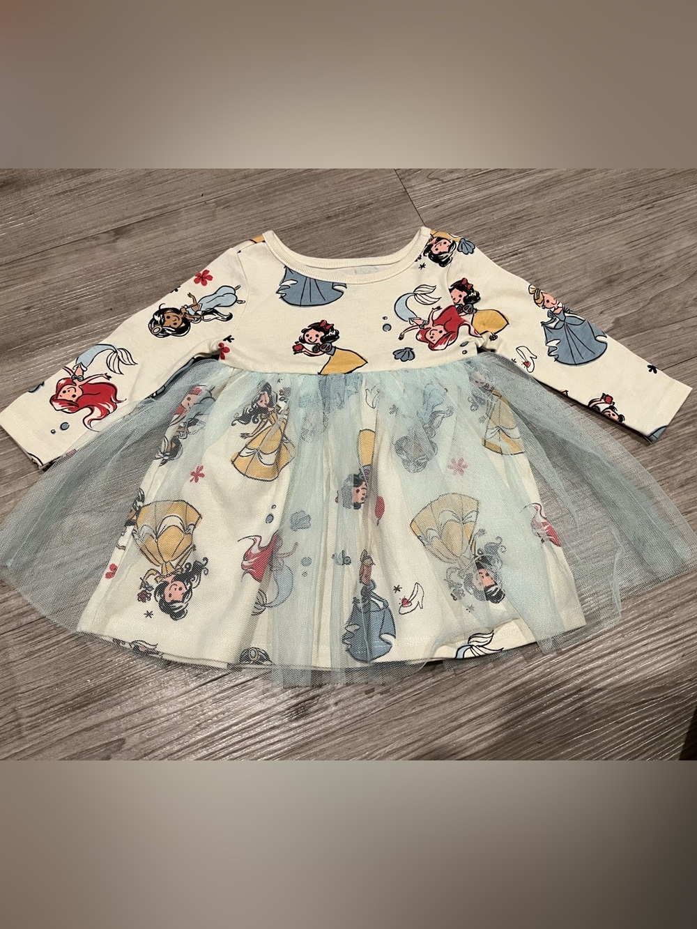 Disney Baby Cream and Pastel Blue Princess Print Tulle Dress